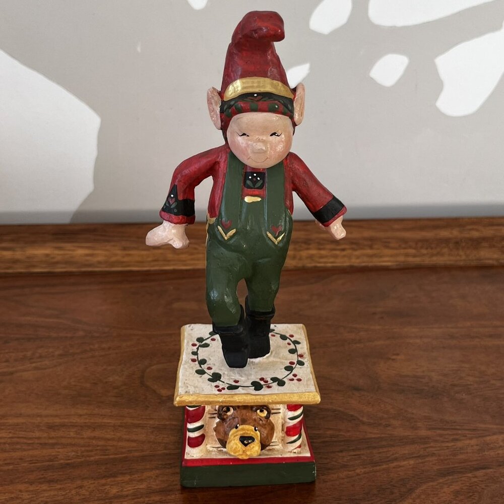 Rare House of Hatten Christmas Elf Dancing on Bear Block Figurine 1996 D. Calla